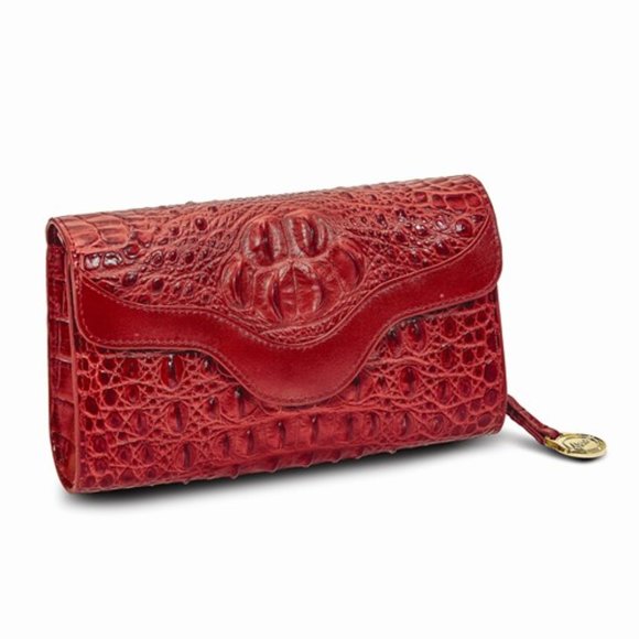 Red Leather Croc RFID Blocking Zip-Top with Magnetic Flap Clutch purse hand bag